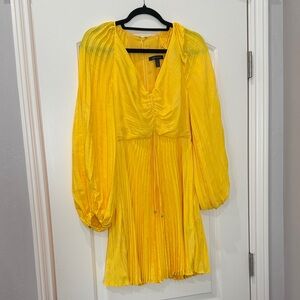 Yellow Pleated V-Neck Long Sleeve Dress - Banana Republic